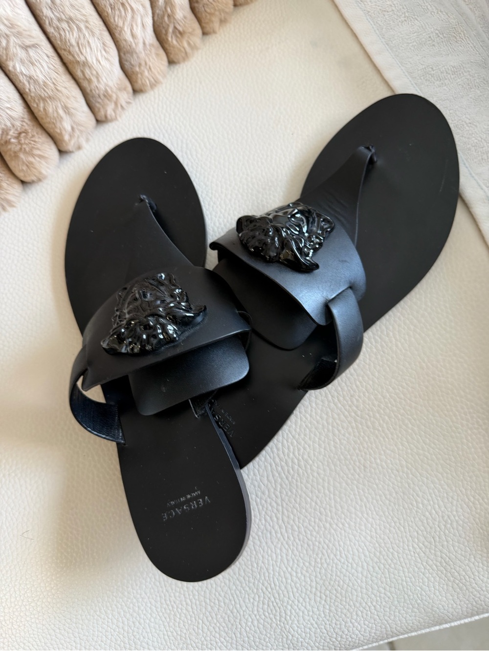 Versace Black Leather Medusa Slide Sandals